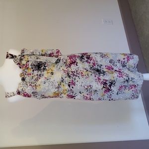 Loft dress. Size 14. Cool gray with vivid tones. Sheath dress, fitted.